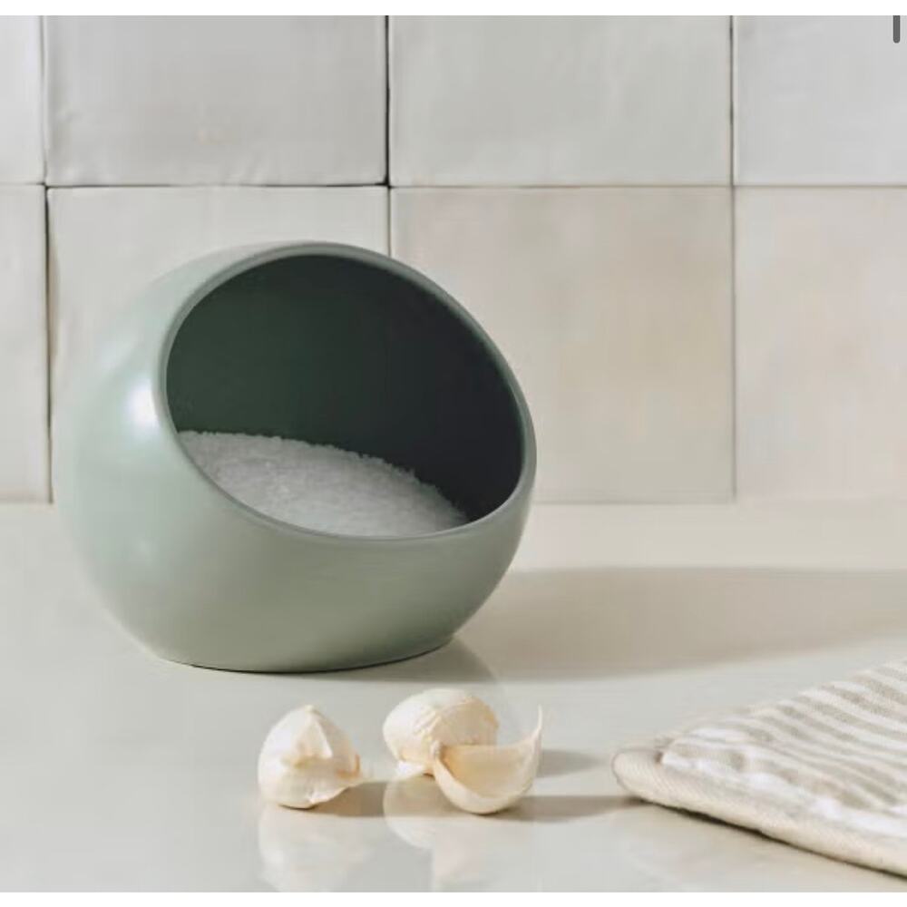 Year & Day Stoneware Salt Cellar Moon Shape Crock Sage Green NEW